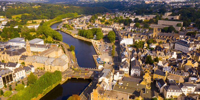 aerial view of lannion city with buildings and lege river, brittany region, france