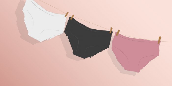 colorful clean women's panties hang on a rope on a pink isolated background vector illustration
