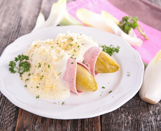 Endives braisees, poireaux et jambon