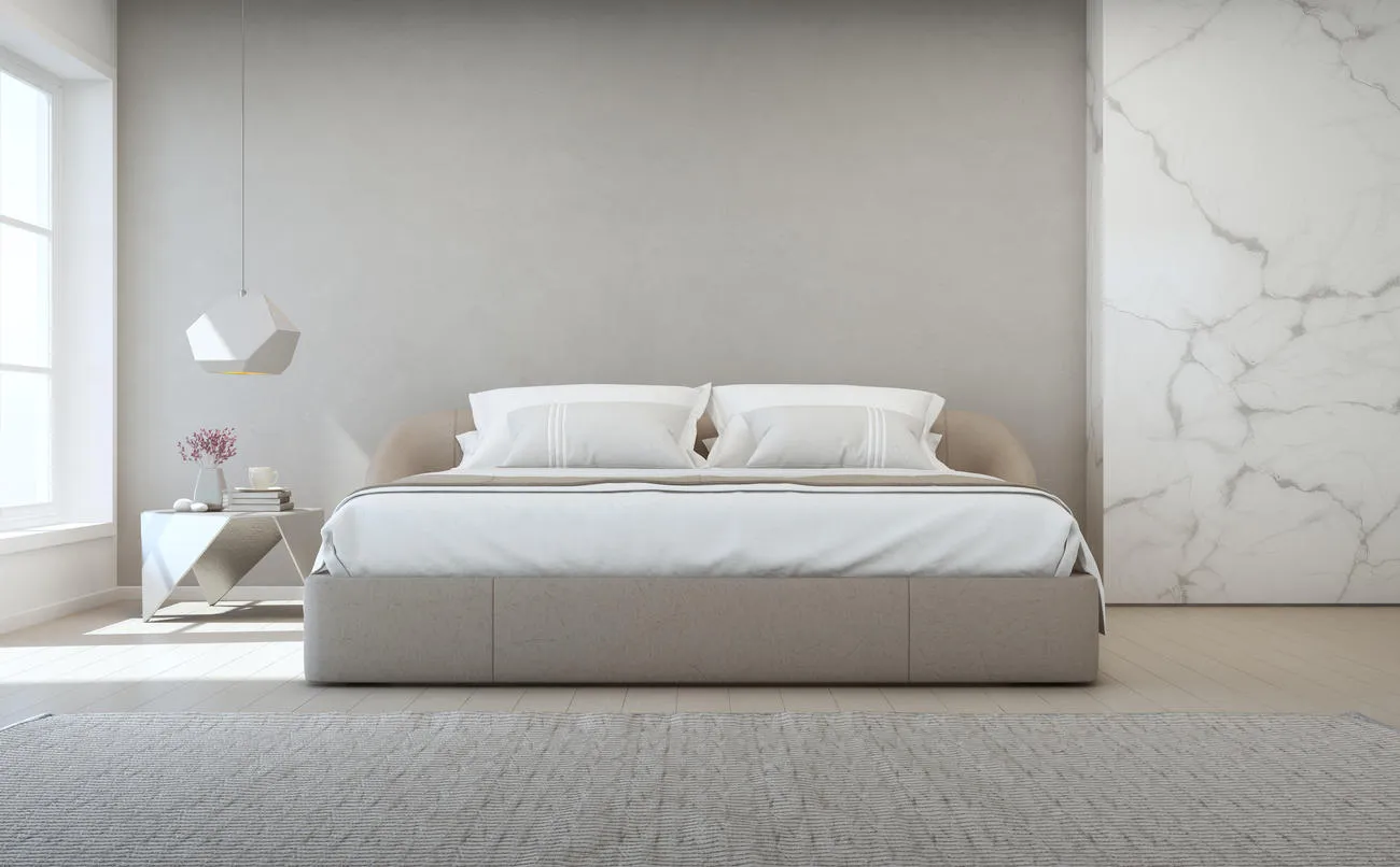 bedroom of luxury house with double bed and carpet on wooden floor empty gray concrete wall background in vacation home or holiday villa