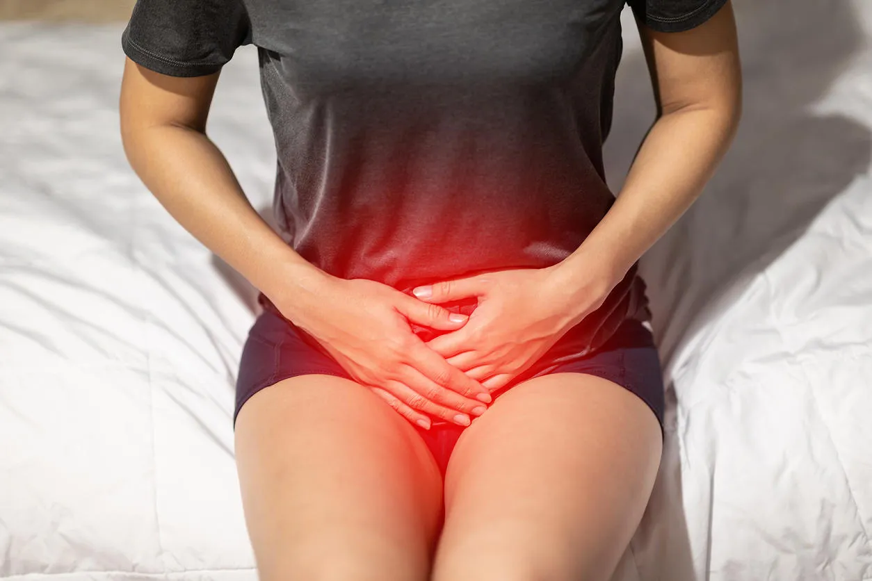 woman have bladder or uti pain sitting on bed in bedroom after wake up feeling so illness,healthcare concept woman have bladder or uti pain sitting on bed in bedroom after wake up feeling so illness,healthcare concept