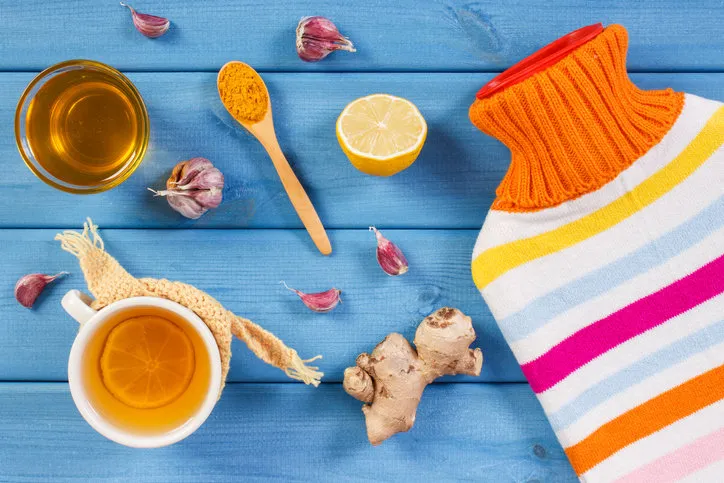 hot water bottle, cup of tea with lemon and ingredients for preparation warming beverage for flu and cold, health care concept hot water bottle, cup of tea with lemon and ingredients for preparation warming beverage for flu and cold, health care concept