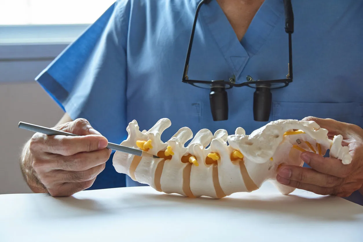 a neurosurgeon using pencil pointing at lumbar vertebra model in medical office