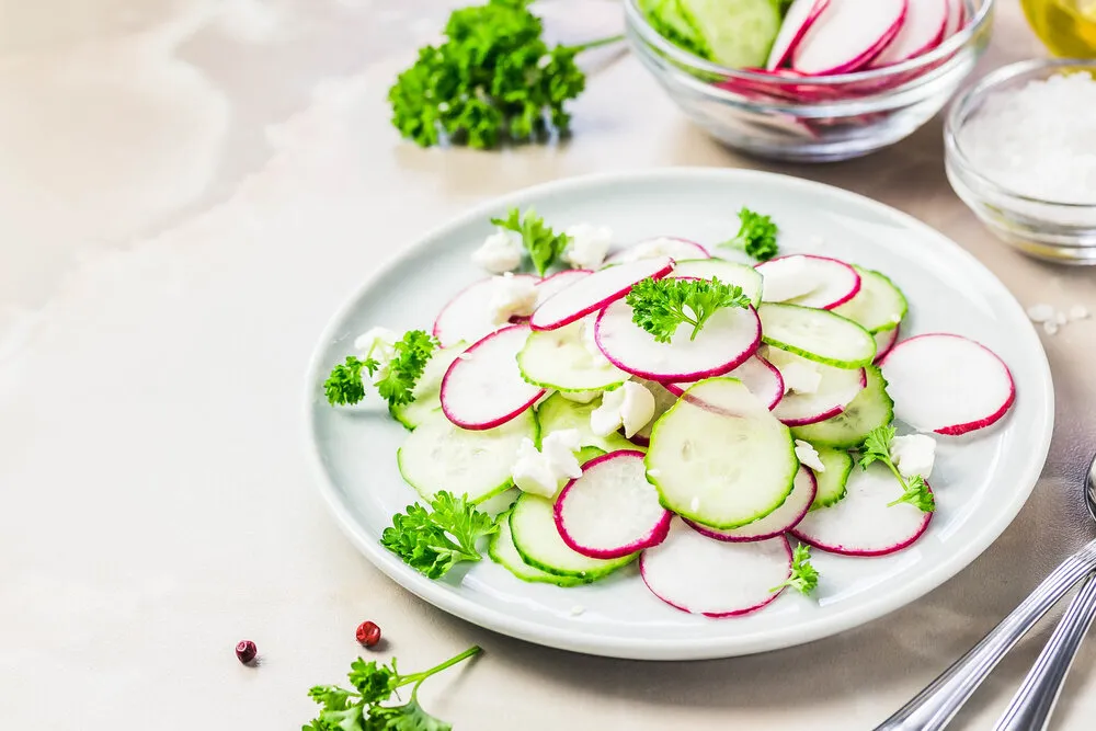 summer vegetarian radish, cucumber goat cheese salad selective focus, space for text