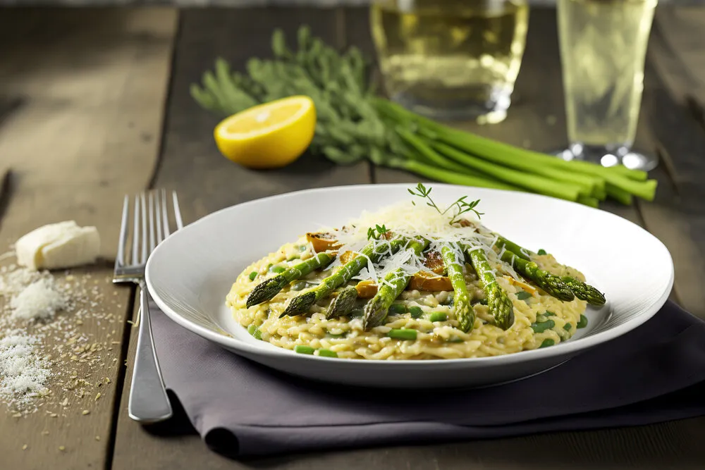 italian risotto on a stone white table with fresh asparagus from the spring and parmesan cheese generative ai