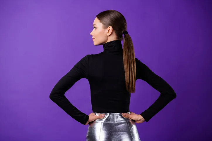 back rear profile, side photo of magnificent lady looking aside wearing black turtleneck isolated over violet purple background back rear profile, side photo of magnificent lady looking aside wearing black turtleneck isolated over violet purple background