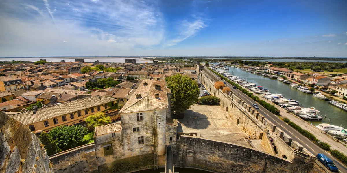 view from the tower of constance on the city wall of aigues-mortes, occitanie, france view from the tower of constance on the city wall of aigues-mortes, occitanie, france
