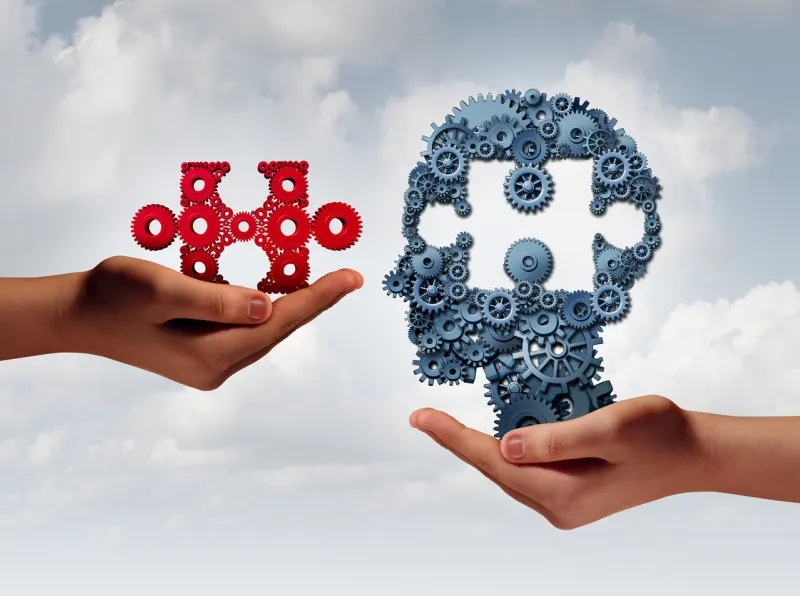 concept of business training and skill development symbol as human hands holding a puzzle piece and gears shaped as a head as a technology or training metaphor with 3d illustration elements concept of business training and skill development symbol as human hands holding a puzzle piece and gears shaped as a head as a technology or training metaphor with 3d illustration elements