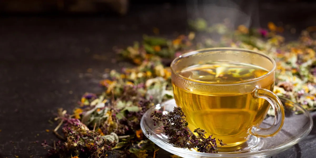 cup of herbal tea with various herbs on dark background cup of herbal tea with various herbs on dark background