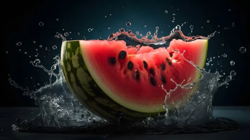 flying watermelon slice with water splash, water splashing on sliced of watermelon, ai generated flying watermelon slice with water splash, water splashing on sliced of watermelon, ai generated