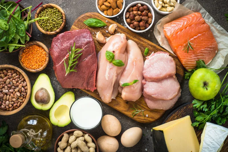 protein sources meat, fish, eggs, cheese, milk, nuts, greens oil beans and lentils top view on dark stone table protein sources meat, fish, eggs, cheese, milk, nuts, greens oil beans and lentils top view on dark stone table