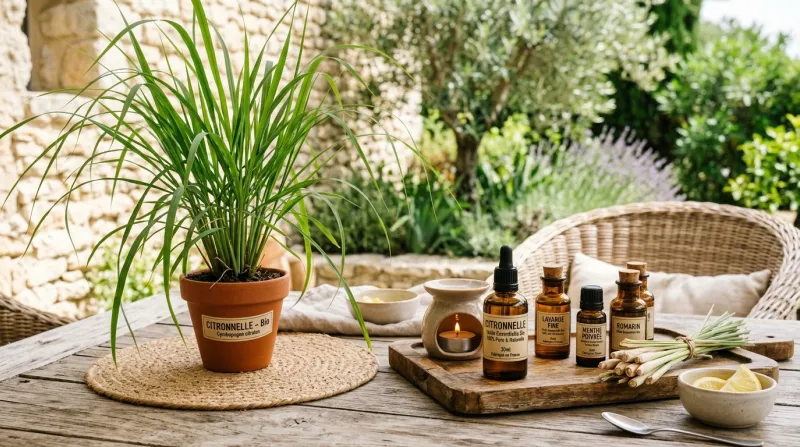 Une photo d'huiles essentielles et d'une plante de citronnelle sur une table