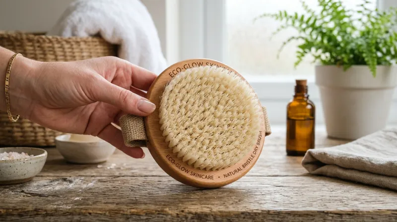 Une photo d'une brosse corporelle en bois avec des poils souples pour le brossage à sec.