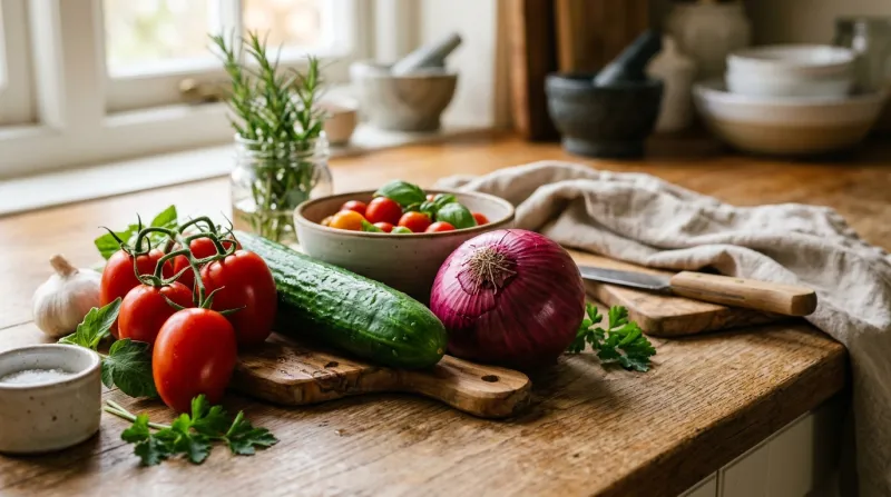 Une photo de légumes frais comprenant des tomates, un concombre et un oignon rouge disposés sur un p