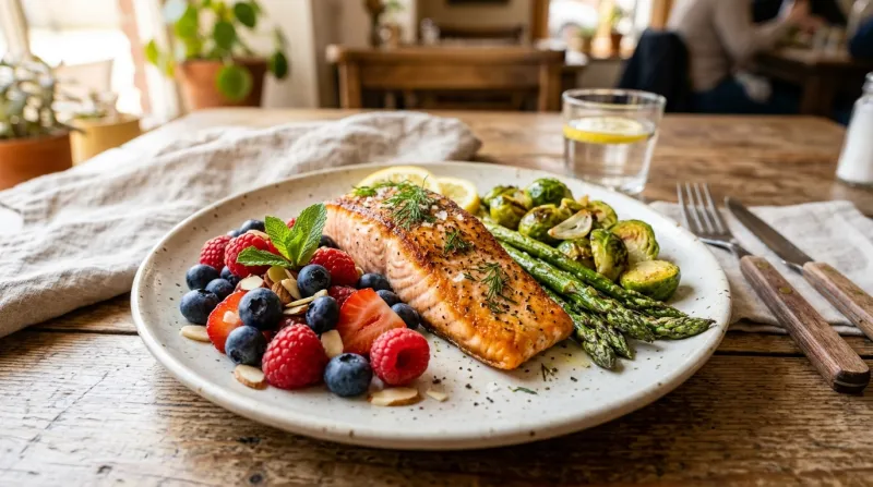 Une photo d'une assiette composée d'aliments sains comme du poisson gras, des fruits rouges et des l