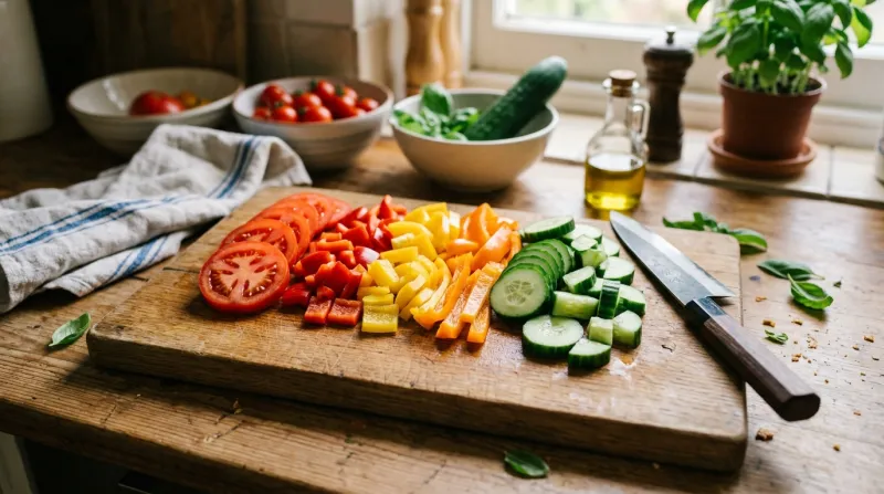 Une photo de légumes frais comme des tomates, des poivrons et des concombres soigneusement découpés 