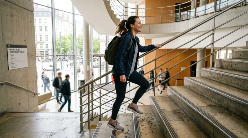 Une photo d'une personne montant activement les escaliers dans un environnement quotidien et lumineu