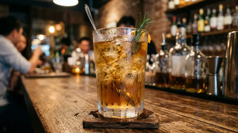 Une photo d'un verre de boisson alcoolisée avec des glaçons et de la condensation, illustrant la fra