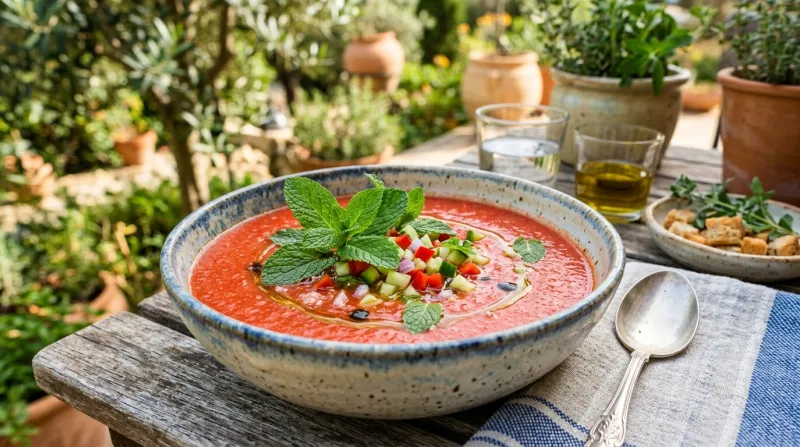 Une photo d'un bol de gaspacho bien frais décoré de feuilles de menthe fraîche