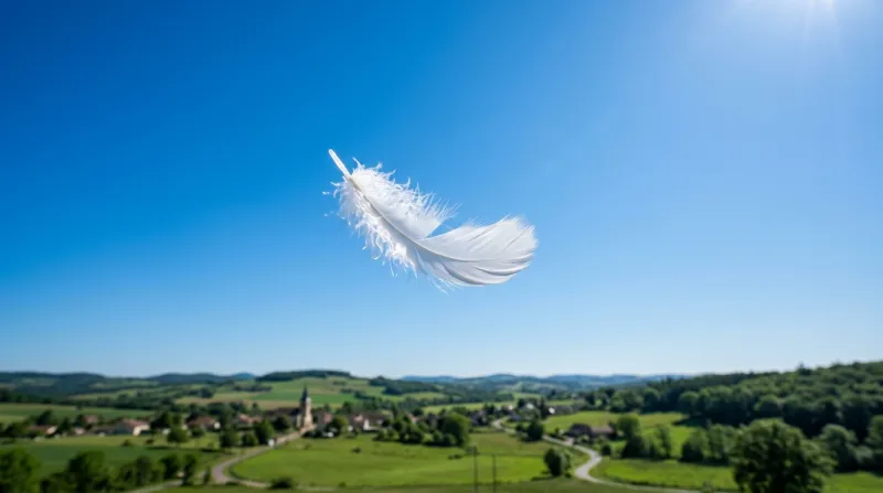 Une photo d'une plume blanche flottant avec légèreté dans un ciel bleu pur et ensoleillé