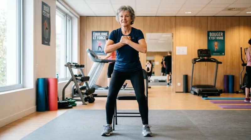 Une photo d'une personne effectuant l'exercice du lever de chaise sans utiliser ses mains
