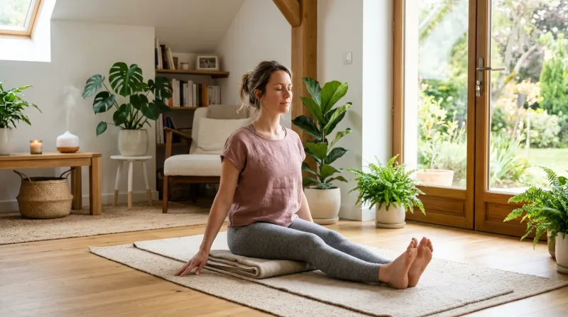Une photo d'une personne pratiquant une séance de yoga relaxante dans un intérieur lumineux et apais
