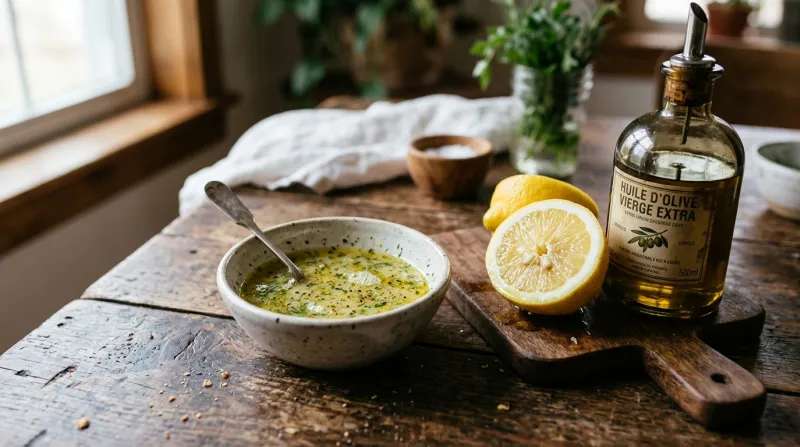 Une photo d'un petit bol de vinaigrette au citron frais avec un citron coupé et de l'huile d'olive