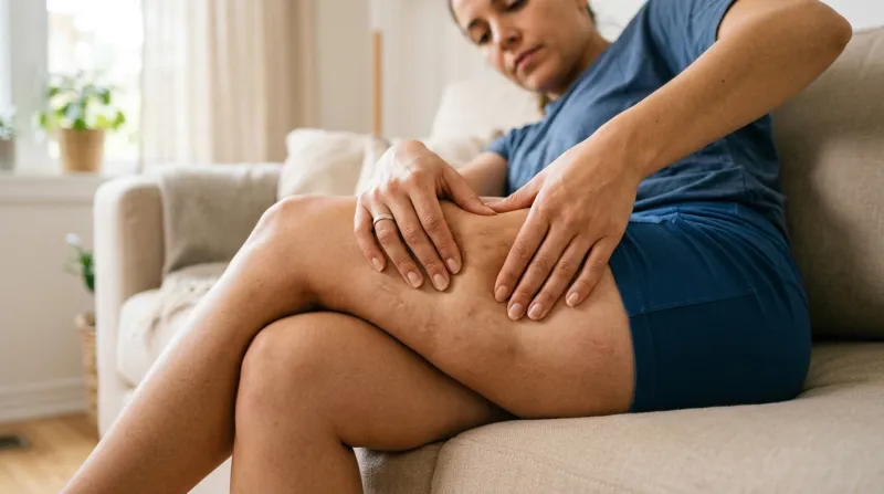 Une photo montrant des mains effectuant un auto-massage par palper-rouler sur une jambe.