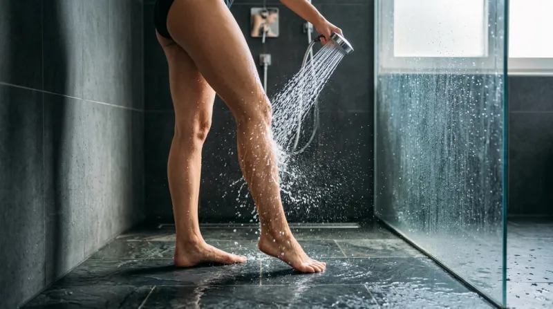 Une photo d'un jet d'eau fraîche projeté sur les jambes d'une personne dans une douche moderne