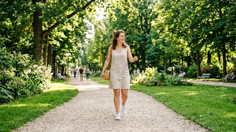 Une photo d'une personne marchant d'un pas léger dans un parc verdoyant sous le soleil