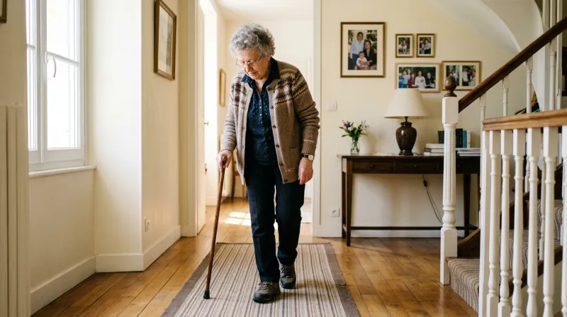 Une photo d'une personne âgée marchant prudemment dans un intérieur lumineux