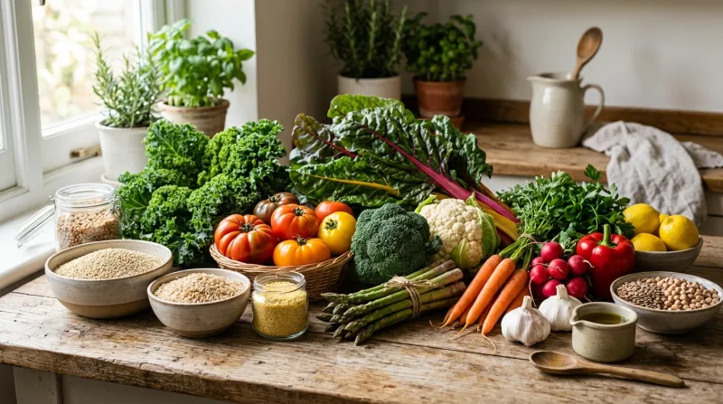 Une photo d'un assortiment de légumes frais et de céréales complètes sur un plan de travail