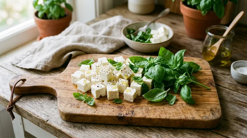 Une photo de cubes de feta et de feuilles de basilic frais sur une planche à découper