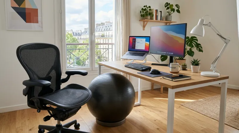 Une photo d'un bureau moderne avec une chaise de bureau et un ballon de gymnastique côte à côte