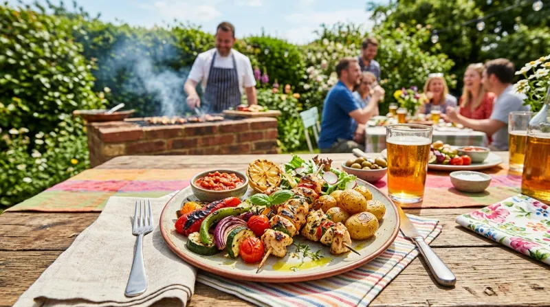 Une photo d'un plat gourmand et coloré servi sur une table de jardin lors d'un barbecue en plein air