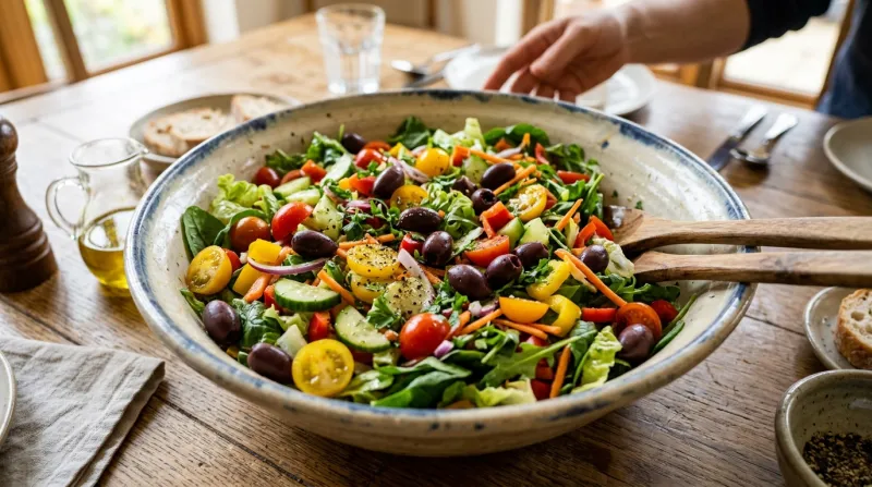 Une photo d'un grand saladier contenant un mélange de légumes frais et des olives noires