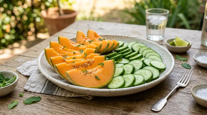 Une photo de tranches de melon et de concombre frais disposées sur un plateau