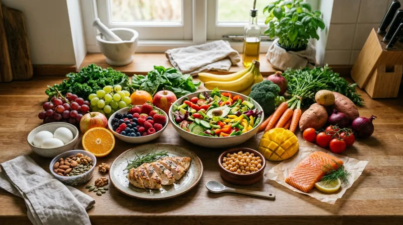 Une photo d'un assortiment de produits frais et sains, comprenant des fruits, des légumes et des sou