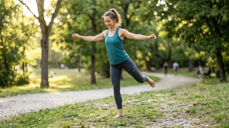 Une photo d'une personne debout en équilibre sur une seule jambe pour illustrer le renforcement des 