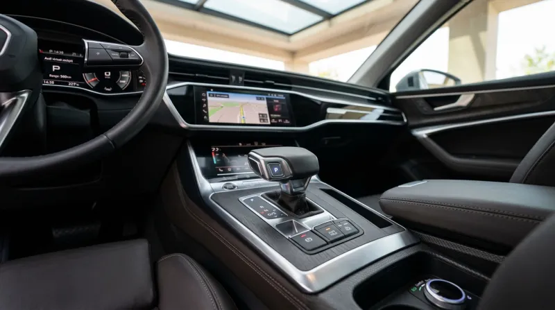 Une photo de l'intérieur d'une voiture moderne mettant en avant le levier de vitesse automatique.