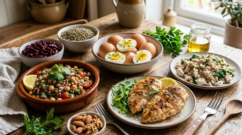 Une photo d'une variété d'aliments riches en protéines comme des œufs, des légumineuses et de la via