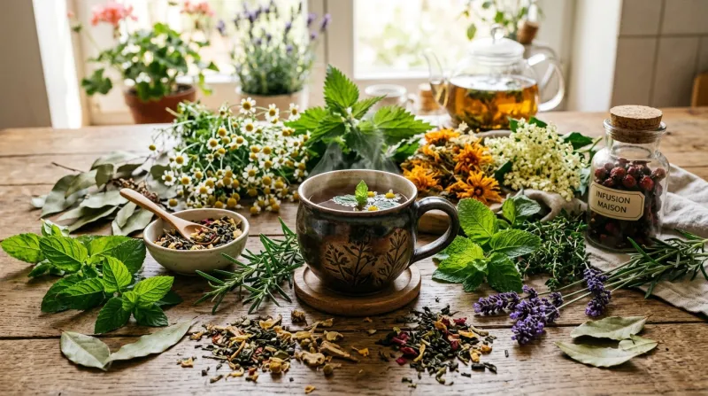 Une photo d'une tasse d'infusion chaude entourée de plantes médicinales et de feuilles de thé