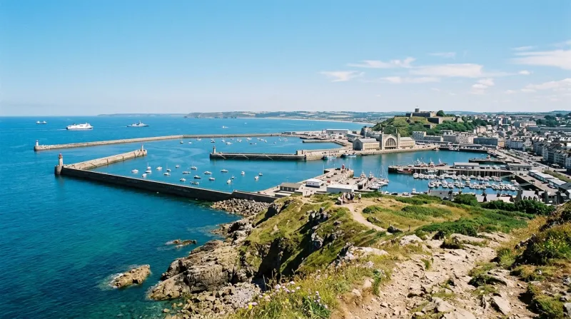 Une photo de la côte littorale à Cherbourg-en-Cotentin avec la mer de la Manche sous un ciel dégagé.