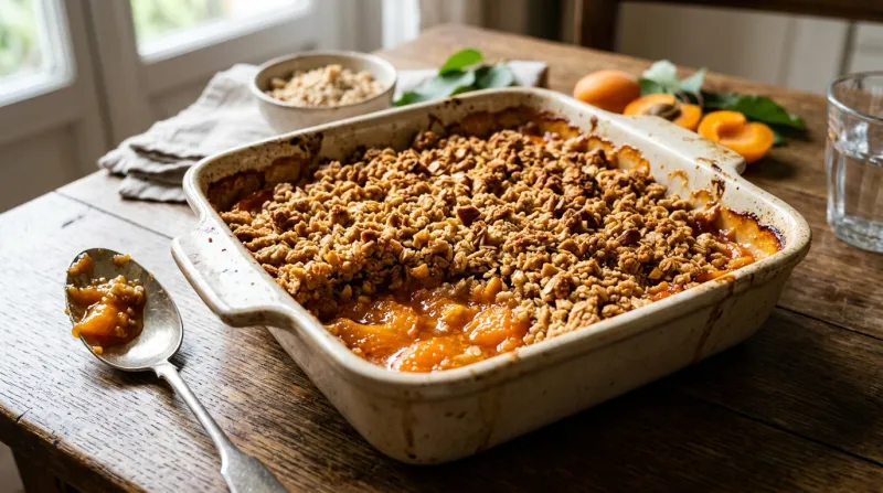 Une photo d'un crumble aux abricots doré et croustillant dans un plat à four