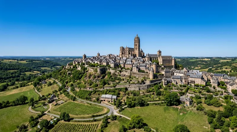 Une photo panoramique de la ville de Rodez perchée sur sa colline sous un ciel bleu et pur.