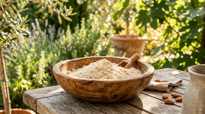 Une photo de poudre d'amandes dans un bol en bois sous une lumière estivale ensoleillée