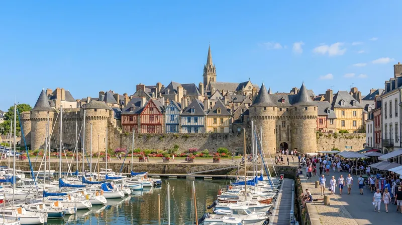 Une photo du centre-ville historique de Vannes sous un ciel dégagé et une température douce