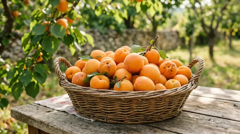 Une photo d'abricots frais et mûrs disposés dans un panier en osier