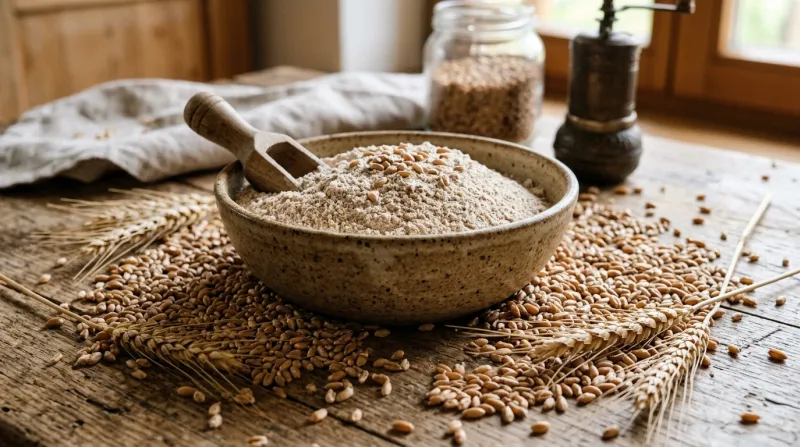 Une photo d'un bol de farine complète entouré de grains de blé entiers