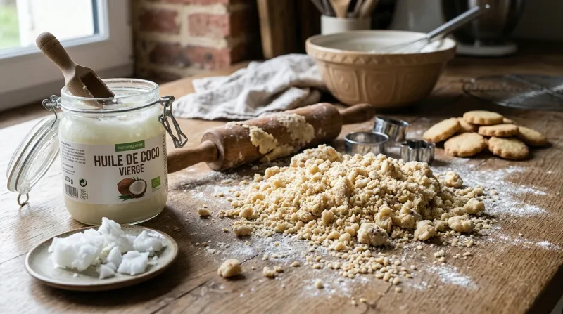 Une photo d'huile de coco et de pâte à sablé croustillante sur un plan de travail.